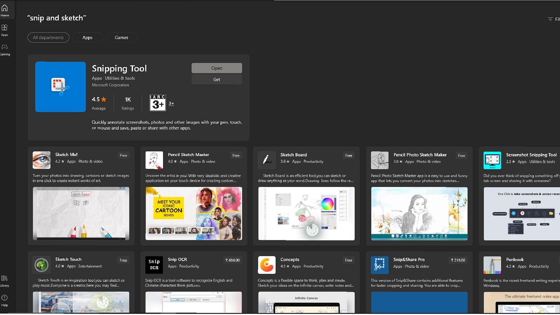 Snip and Sketch in Microsoft Store (Image via Sportskeeda)